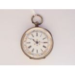 A Victorian lady's silver cased fob watch, having a white-enamelled face, Roman numerals and an