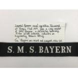 An Imperial German Navy cap tally of an Engineering Branch rating of SMS Bayern, an accompanying