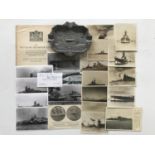 A cast alloy ash tray engraved Graf V Spee 1940, together with photographs and postcards,