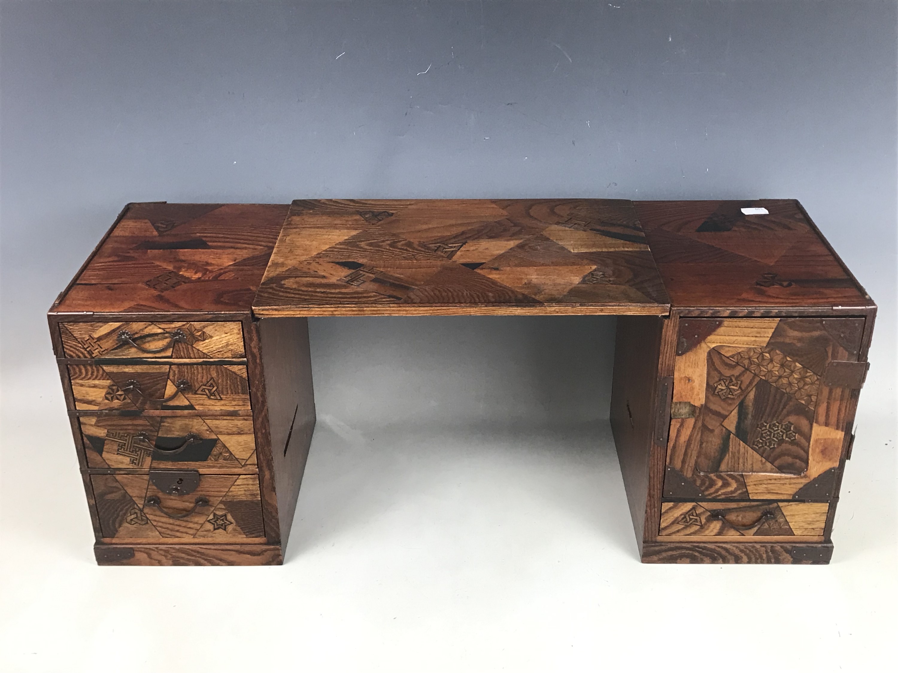 A late Meiji / Taisho Japanese kodansu cabinet / miniature kneehole desk, parquetry veneered - Image 2 of 6