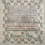 An early Victorian Scottish verse sampler worked by Elizabeth Hogg, in green and red cotton threads,