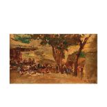 Spanish school, early 20th century. Open-air celebration. Oil on cardboard fixed on panel