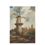 Dutch school, 20th century. Landscape with mill. Oil on canvas