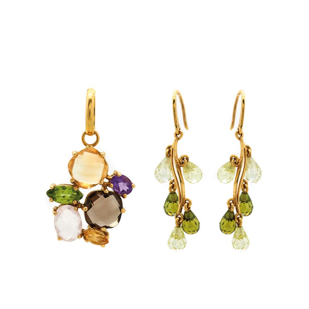 Gold, olivine, amethyst, topaz, tourmaline and pink quartz earrings and pendant lot