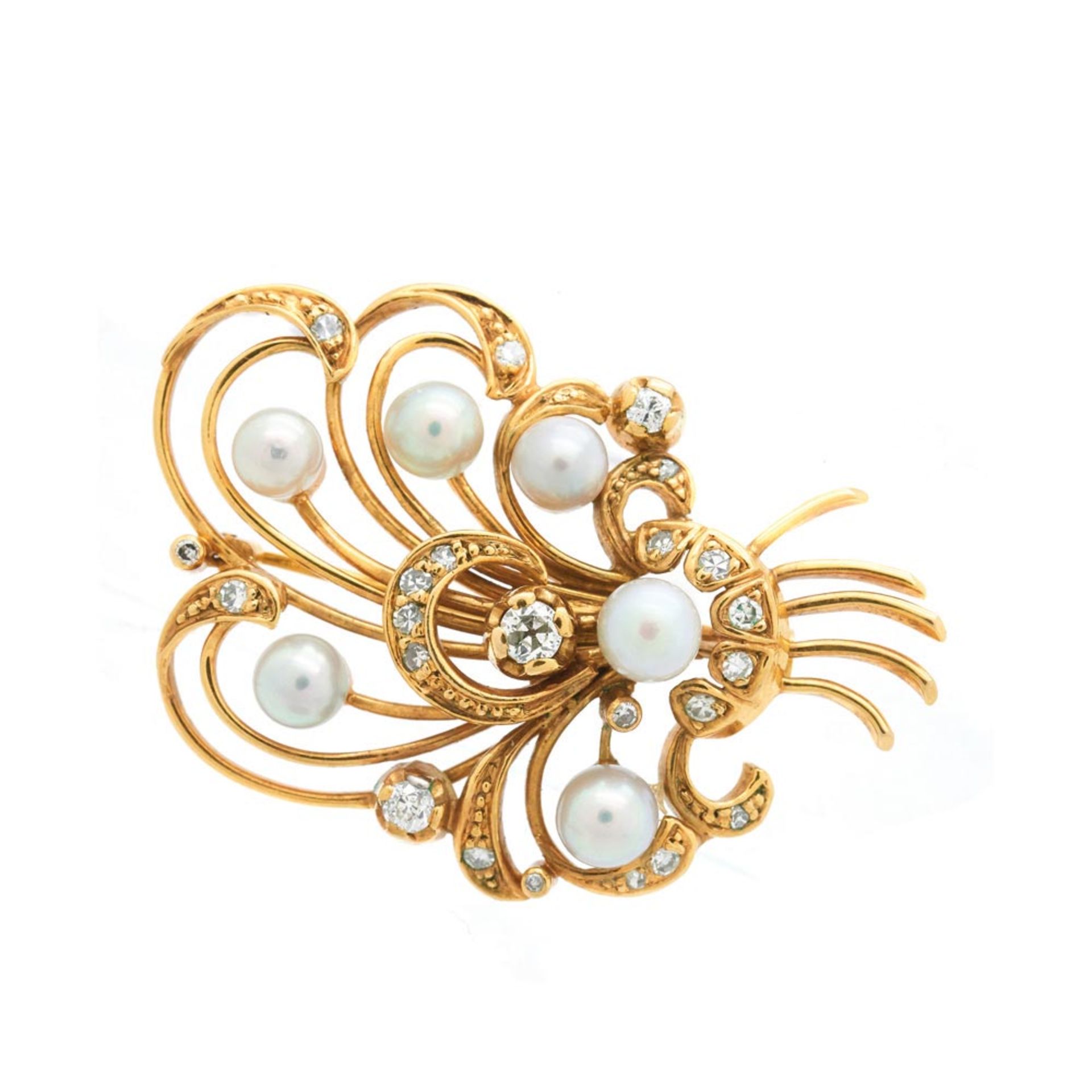 Gold, diamonds and cultured pearls brooch c.1950