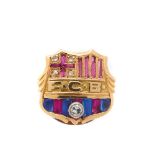 Gold, diamond, simile blue sapphires and rubies Barcelona Football Club pin