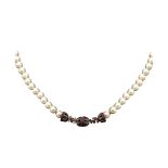Gold, silver, diamonds, rubies and cultured pearls necklace