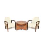 Walnut and oak wood Art Deco style table and pair of armchairs lot