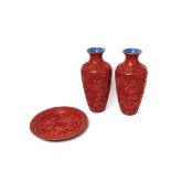 Chinese carved red lacquer pair of vases and plate lot