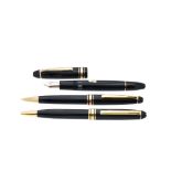 Montblanc "Meisterstück" black resin and gold plated pen, fountain pen and mechanical pencil set