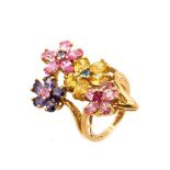 Gold, pink and yellow sapphires, blue topaz and amethyst flowers ring