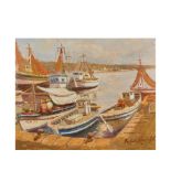 Boats in the port. Oil on canvas