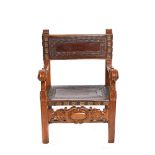 Spanish oak wood and leather armchair, 18th century