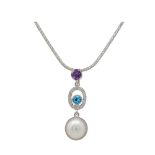 White gold, amethyst, blue topaz, diamonds and cultured pearl pendant