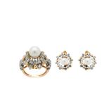 Gold, white gold, cultured pearl and diamonds earrings and ring set