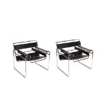 "Wassily" chrome plated steel and black leather pair of armchairs, c.1970
