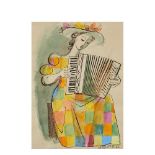Accordionist.Ink and watercolour on paper drawing