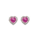 White gold, pink sapphire and diamonds heart earrings