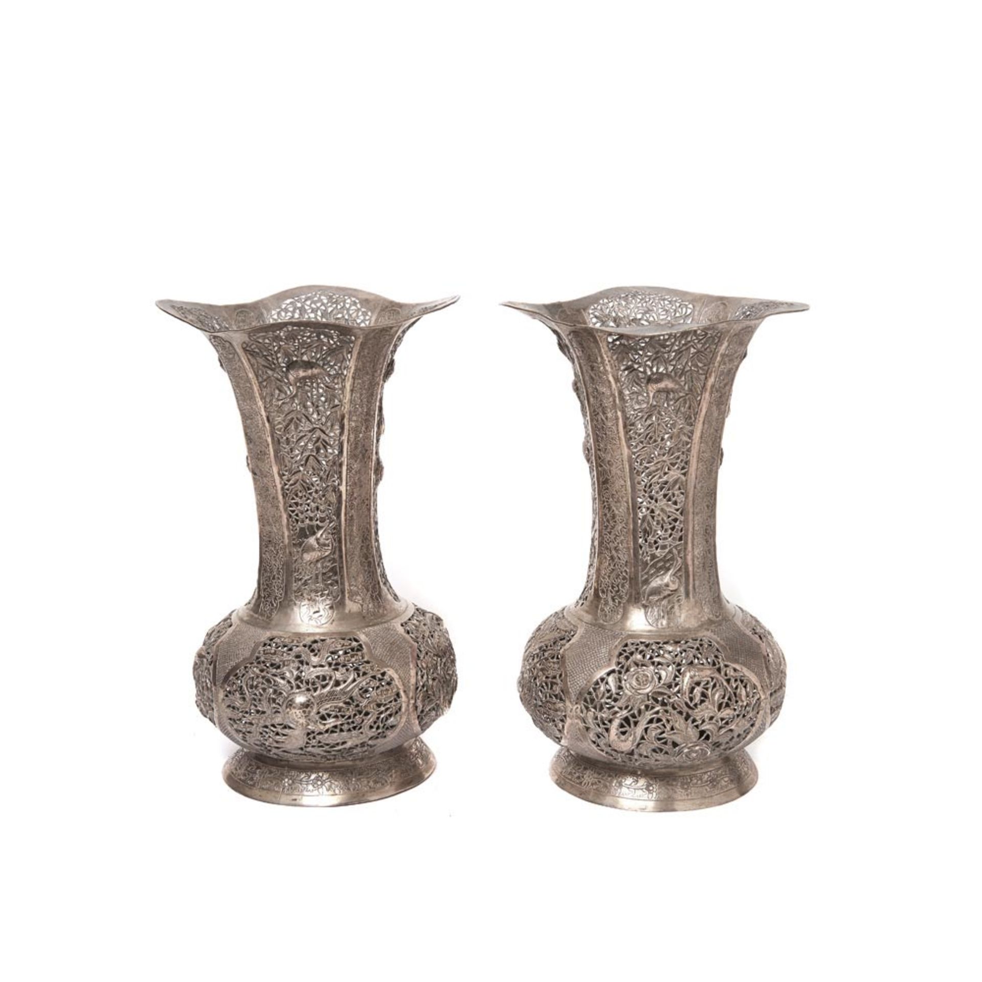 Oriental silver pair of vases