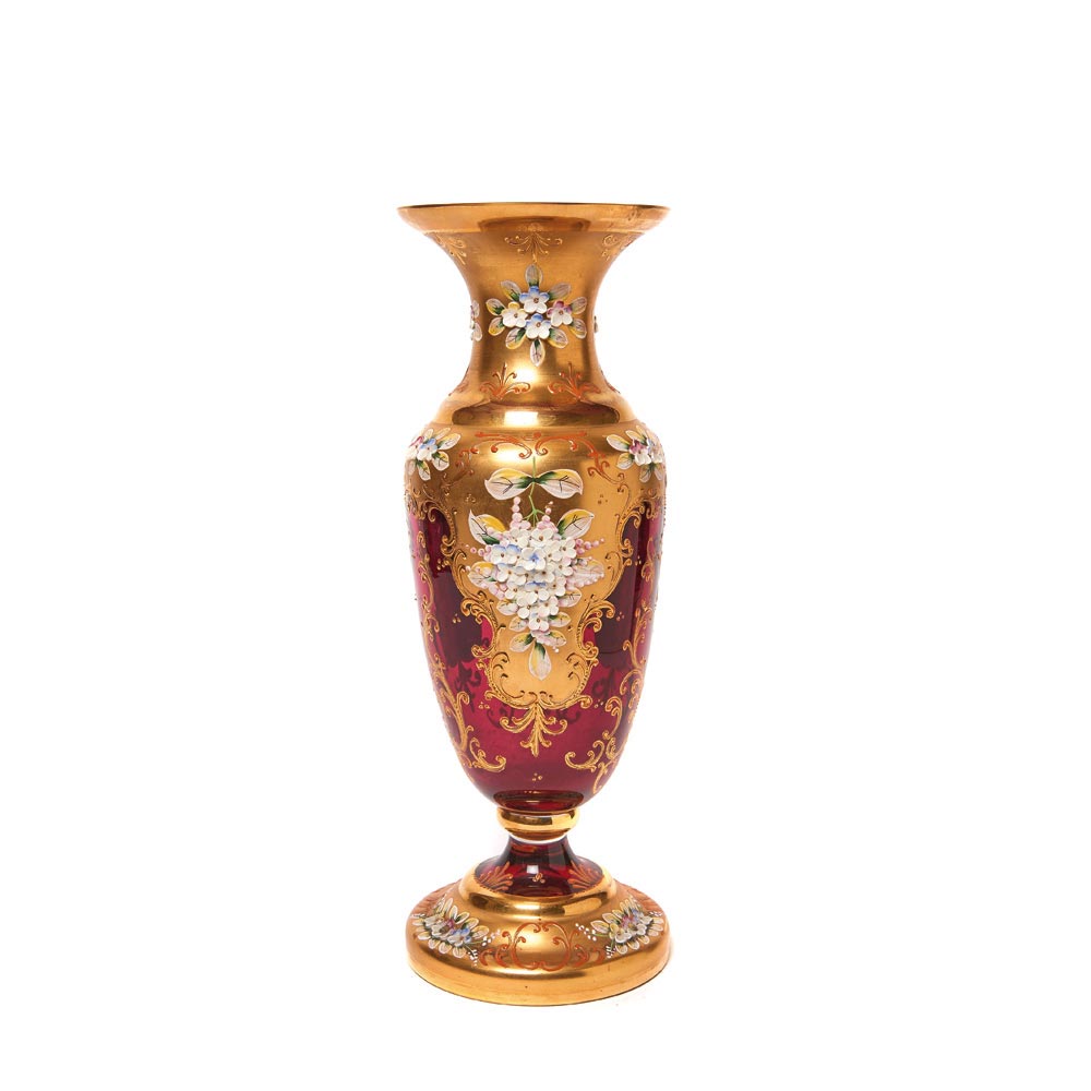 Bohemia red glass with gold trim and enamel vase