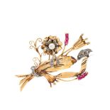 Gold, platinum, simile ruby, cultured pearl and diamonds flowers brooch