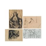 Virgin, Saint and mass. Four ik on paper drawings lot