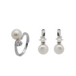White gold, cultured pearl and diamond ring and earrings set