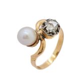 Gold, platinum, cultured pearl and diamond ring