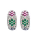 White gold, diamonds, rubies, blue sapphires and emeralds earrings