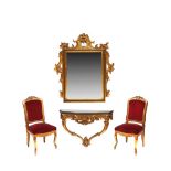 Gilt wood Louis XVI style wall console with mirror and Isabelline pair of chairs, early 20th century