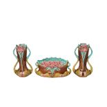 French Art Nouveau glazed ceramic centrepiece and pair of vases set, early 20th century