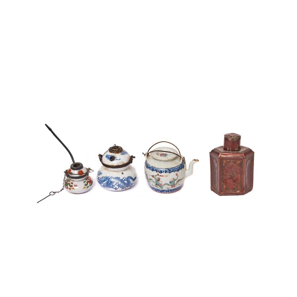 Chinese porcelain and metal teapot, two pipes and tea jar lot