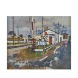 Railroad crossing gate. Oil on canvas