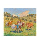 Landscape with horses. Oil on canvas