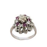 White gold, diamonds and rubies ring