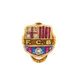 Gold, diamonds and similar ruby and blue sapphire Barcelona Football Club pin