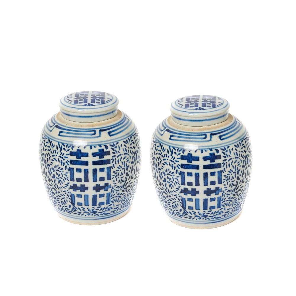 Pareja de tibores en porcelana china azul y blanca con decoración vegetal, segundo cuarto del s.