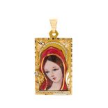 Colgante-medalla devocional en oro bicolor con representación de Virgen en esmalte y diamante