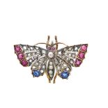 Broche isabelino diseño mariposa en plata y plata dorada con diamantes talla rosa, perlas