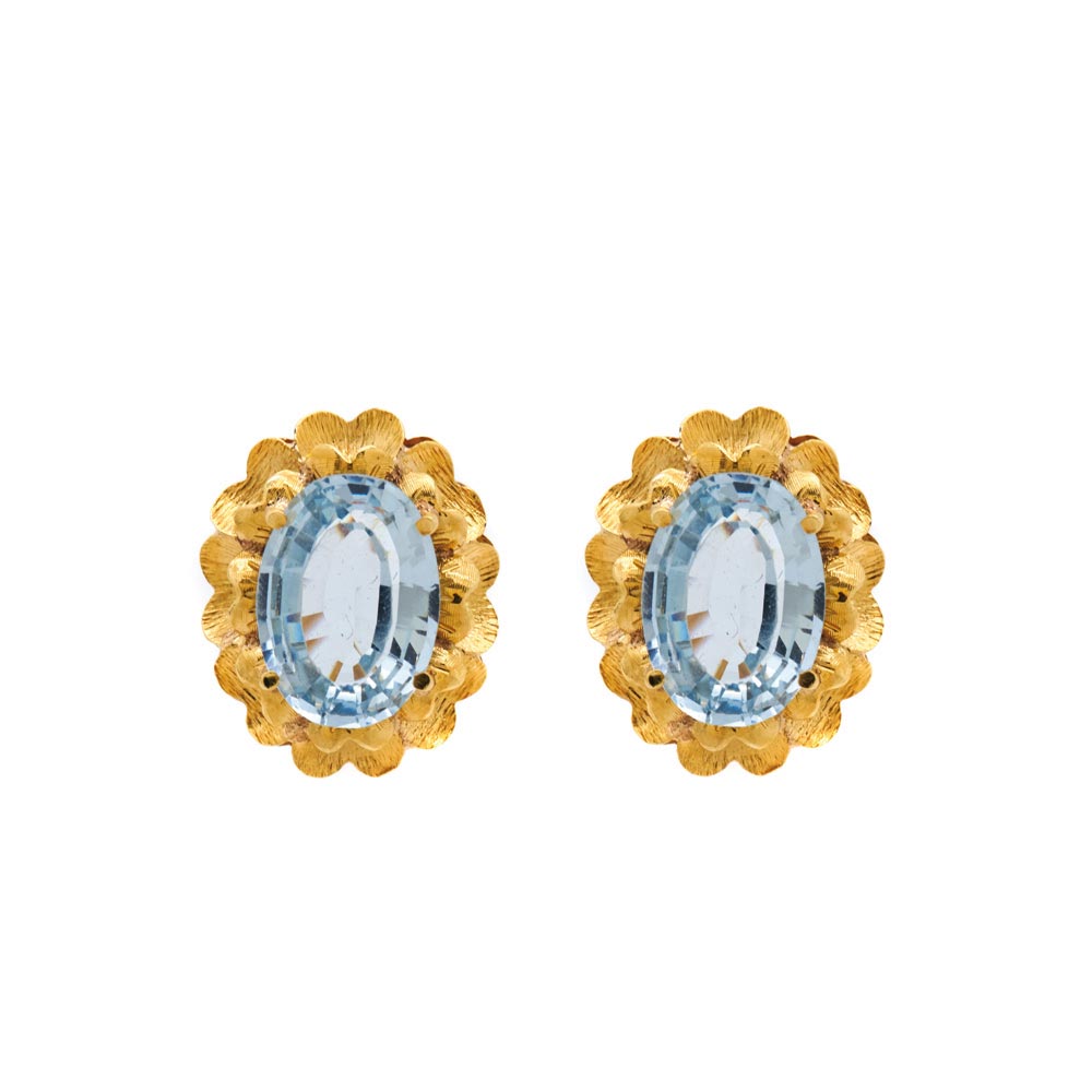 Pendientes en oro mate y brillo con símil de topacio azul talla oval de 10 x 13 mm. engastado en