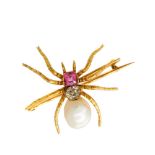 Broche diseño araña en oro con diamante talla brillante antigua, zafiro rosa y perla barroca de 7