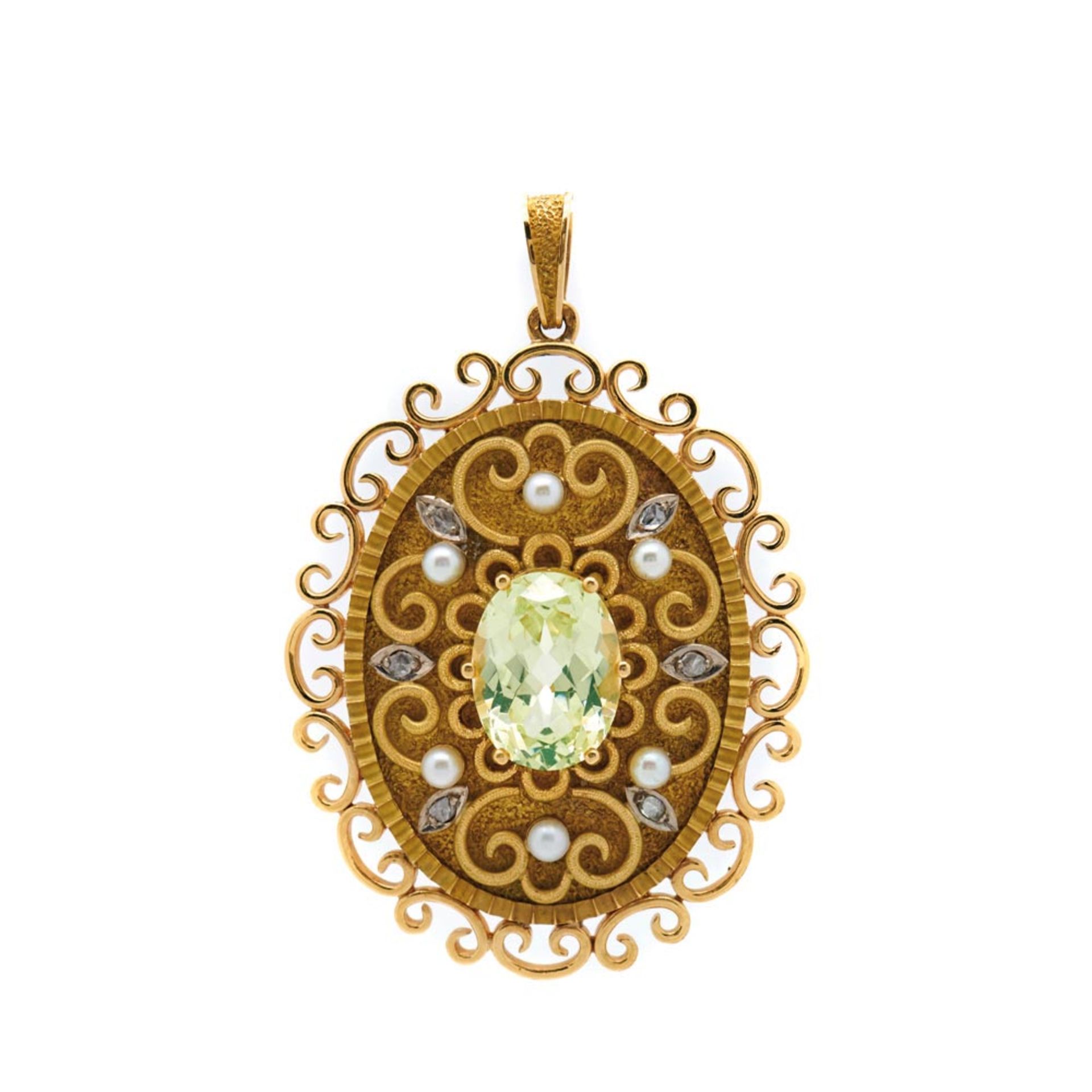 Colgante en oro bicolor mate y brillo con olivina talla oval de 10 x 14 mm., diamantes talla rosa