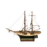 Maqueta de barco ´´Sebastián``en madera tallada y policromada con soporte, segundo cuarto del s.