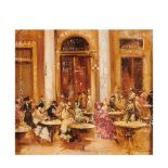 Escuela francesa, s.XX. Restaurante parisino con figuras. Óleo sobre tabla. Firmado ilegible. 20 x