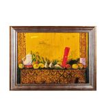 Joaquim Hidalgo (Cantallops, Girona, 1933-Barcelona, 2011) Bodegón mancha roja. Óleo sobre tabla.