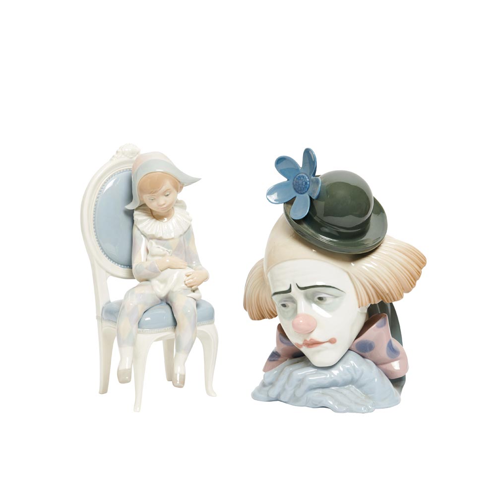 Cabeza Payaso y Niño Arlequin sentado. Dos figuras en porcelana española de Lladró, 1982-2000 y