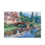 Isidre Ódena (Terrassa, Barcelona, 1910-2008) Pont Vell sobre el riu Noguera. Óleo sobre tabla.