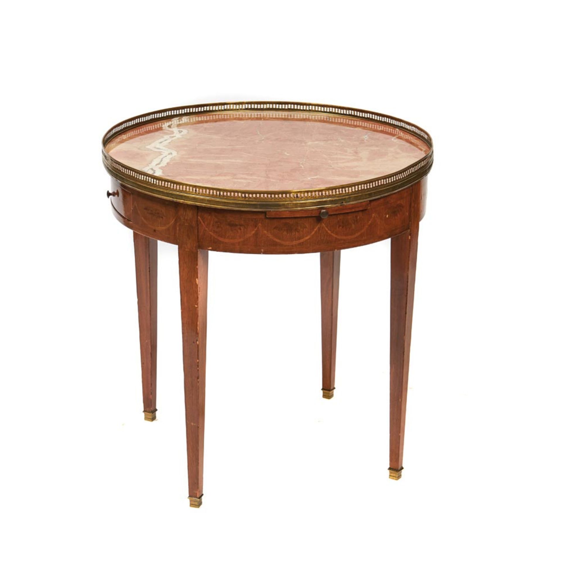 Mesa de centro circular estilo Luis XVI en madera de roble con marquetería vegetal y sobre en mármol