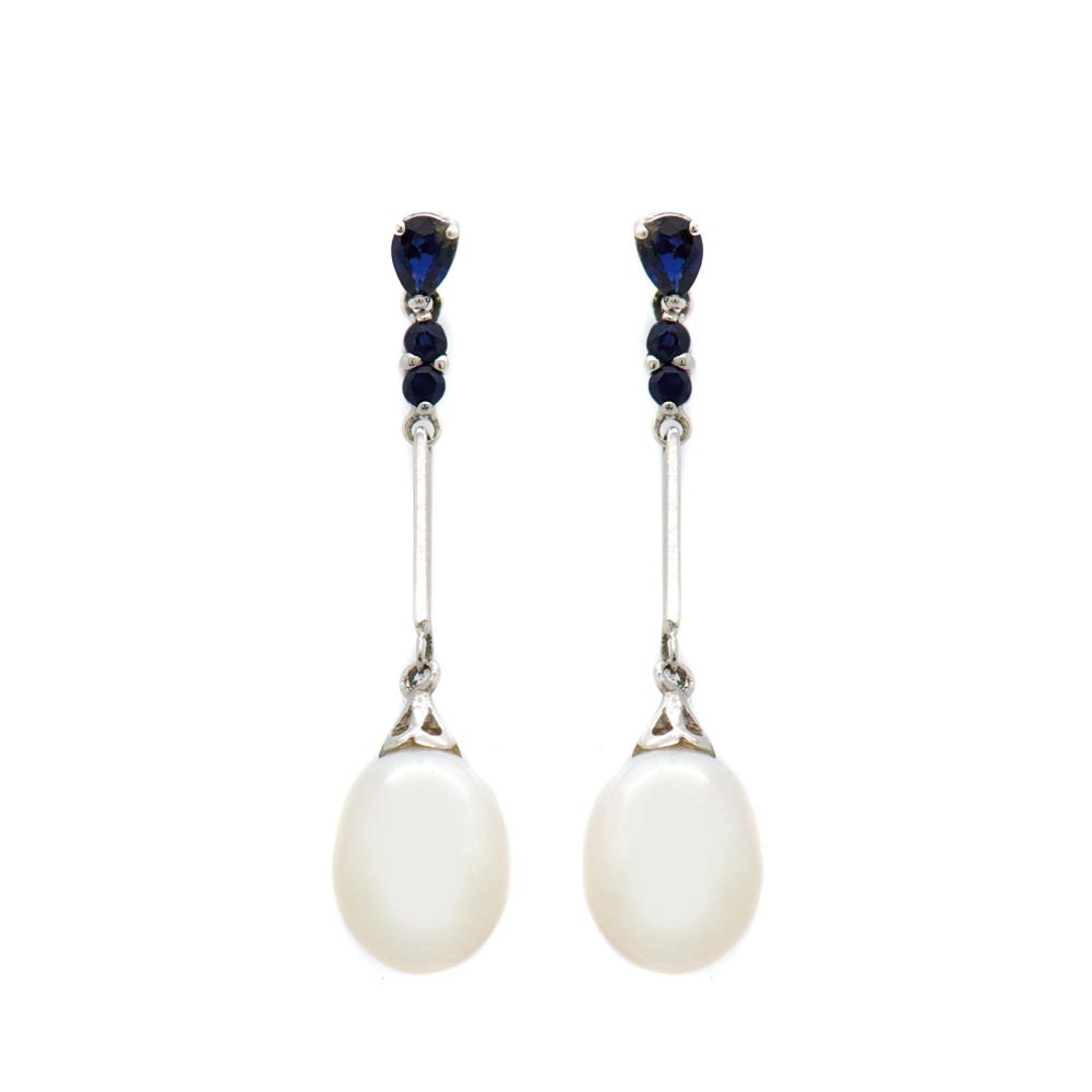 Pendientes largos en oro blanco con zafiros azules tallas redonda y perilla y perla de agua dulce