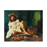 Josep Serrasanta (Buenos Aires, 1916-Valldoreix, Barcelona, 1998) Muchacha con frutas. Óleo sobre